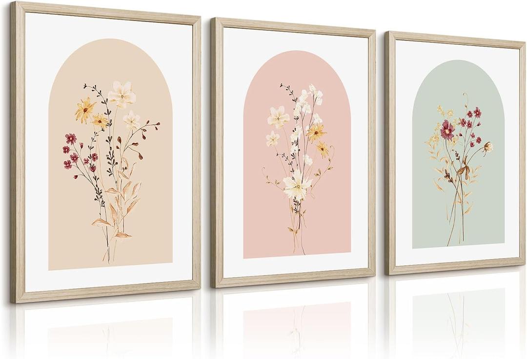 Watercolor Flower Wall Art Set of 3 Wildflower Floral Wall Decor Pictures Botanical Canvas Wall Art Vintage Prints Boho Flower Painting Minimalist Floral Poster for Bedroom Room 16x24 Inch Wood Framed