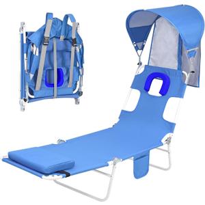 Backpack Beach Tanning Chair with Canopy and Face Hole, 6-Position Folding Lay Out Lounge Chair, UPF 50+ Wind-Resistant Sun Shade, Portable Recliner for Sunbathing, Outside, Poolside, Lawn, Patented  1, Royal Blue