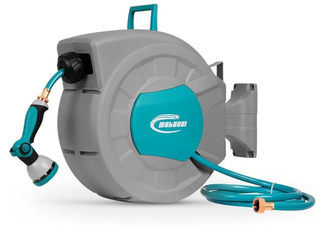 MOLACHI Retractable Garden Hose Reel, 1/2 Inch x 100 ft Wall Mounted Hose Reel, with 9- Function Sprayer Nozzle, Any Length Lock, Return System and 180 Deg Swivel Bracket