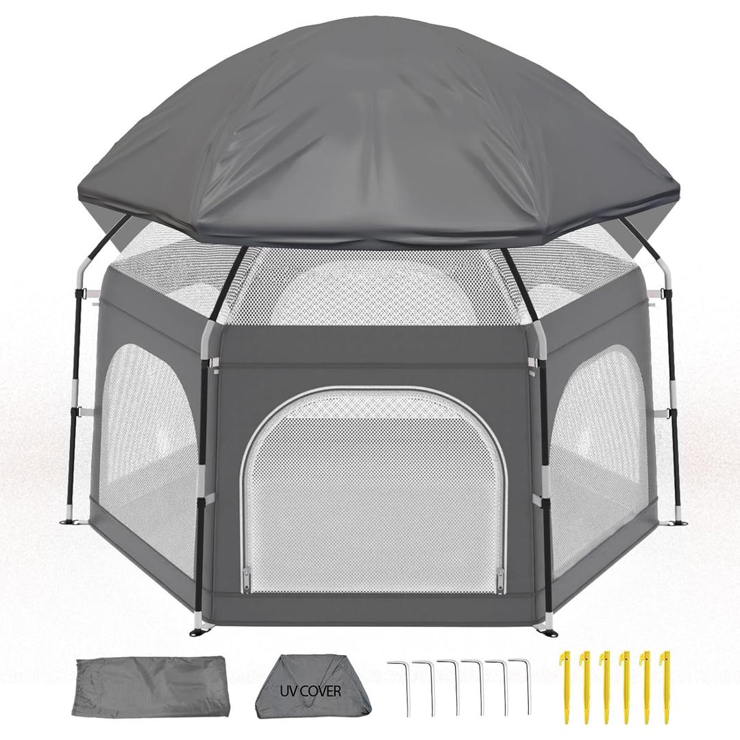 Baby Playpen with Canopy, Portable Outdoor & Indoor Baby Beach Tent for Babies and Toddlers, Foldable Play Yard with Mosquito Net, Travel Play Yard Includes Sand Stakes & Carry Bag