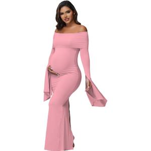 JustVH Women's Maternity Long Sleeve Off Shoulder Pregnancy Photography Dress for Baby Shower Photoshoot Party (X-Large, Pink)