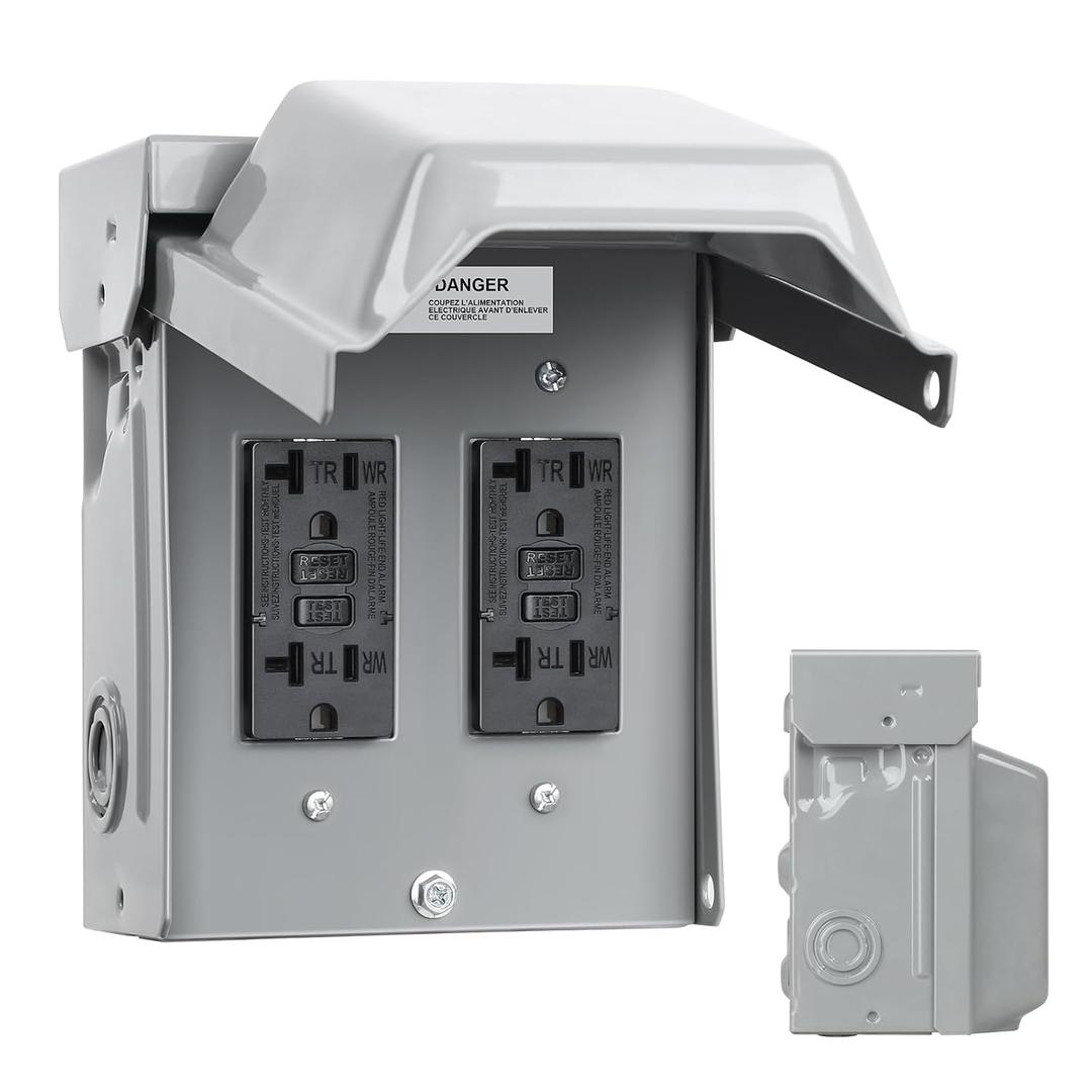 Outdoor Electrical Outlet Box, Dual 20 AMP WRTR GFCI Outlets, Weatherproof Outside Receptacle Box with All Metal 3R Enclosure, Lockable Outlet Cover for Outdoor Power, ETL Listed
