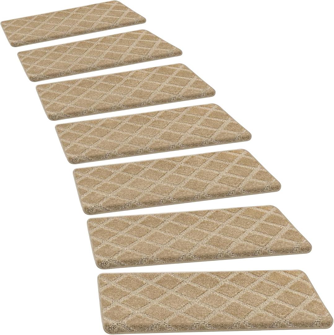 PURE ERA Bullnose Carpet Stair Treads Set Tape Free Non-Slip Indoor Stair Protectors Pet Friendly Rugs 9.5" x 30" (14 Pieces, Khaki Diamond Trellis)