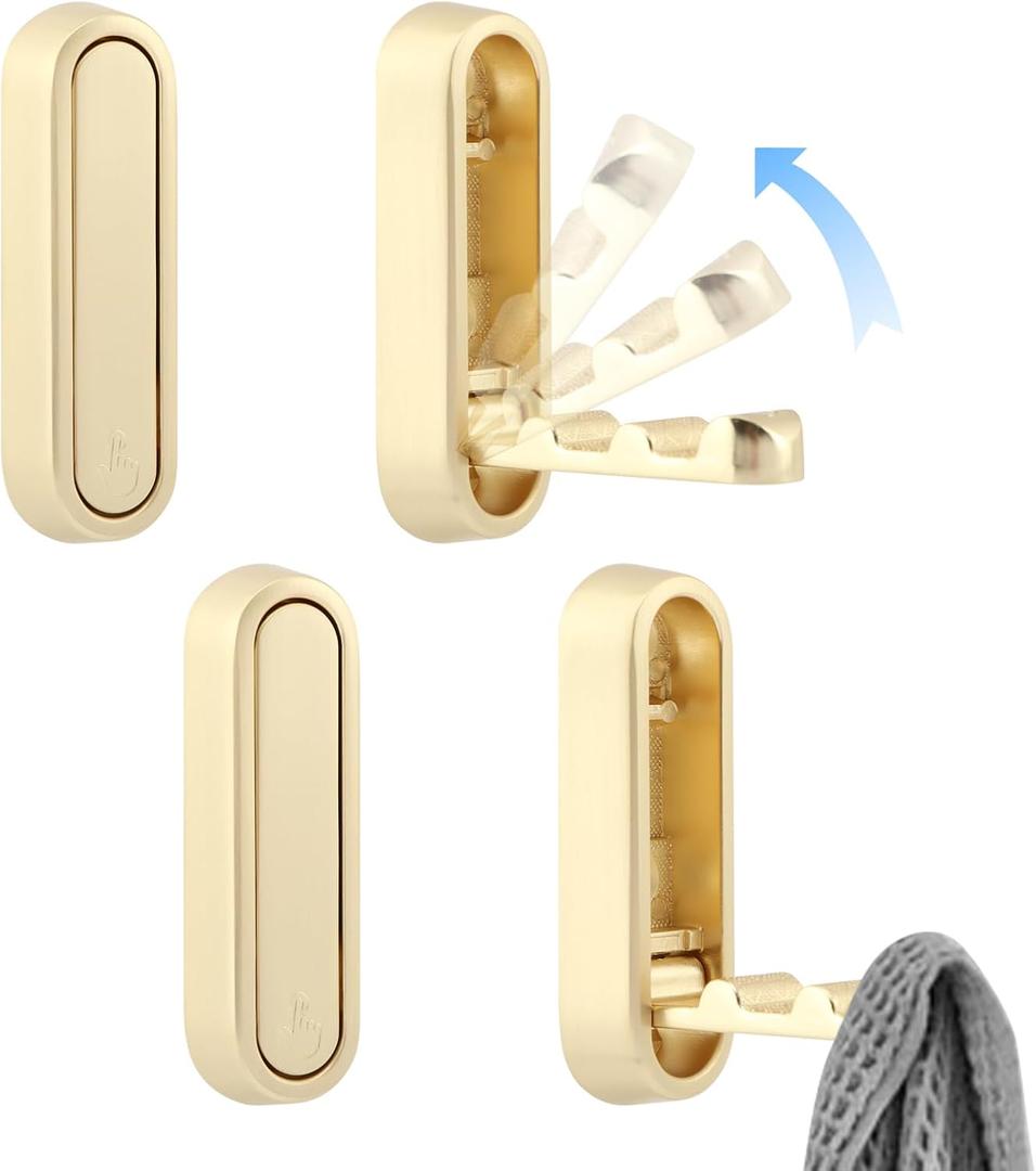 Restynic 4PCS Folding Coat Hooks, Zinc Alloy Foldable Wall Hooks, Folding Wall Hook for Bathroom, Kitchen, Bedroom, Space-Saving, for Hanging Coats, Scarves, Hats, Bathrobes, Keys, Bags(Gold)