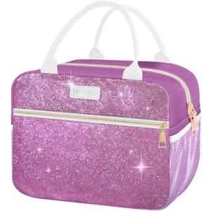 Lunch Bag For Women, Leakproof Glitter Lunch Box, Cute Lunch Tote Bag Adult, Large Capacity Insulated Reusable Cooler Lunch Containers for Work Travel Picnic or Office (Purple Bling Sparkle)