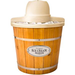 Nostalgia Electric Ice Cream Maker With 4 Qt Capacity- Old Fashioned Ice Cream Machine Makes Frozen Yogurt or Gelato in Minutes- Vintage Wooden Style Ice Cream Maker with Aluminum Canister- Light Wood