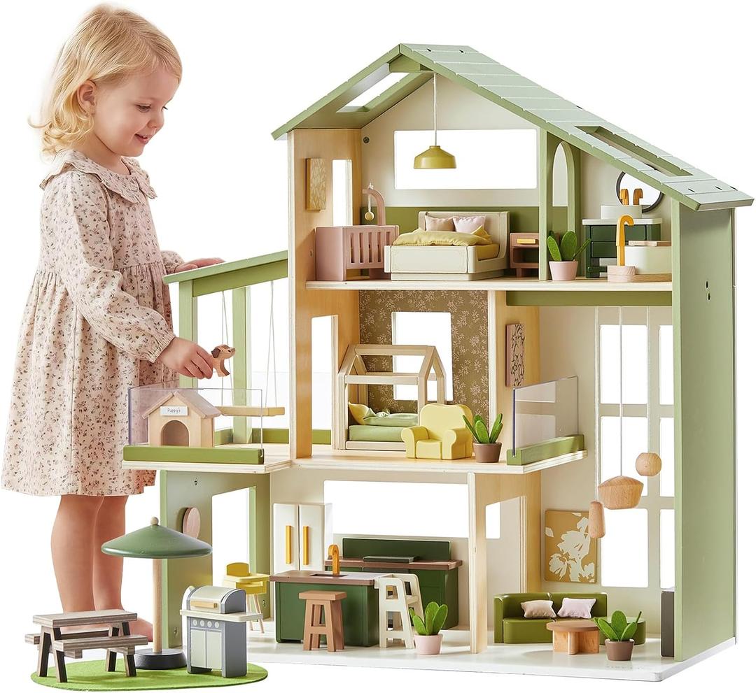 Tiny Land Wooden Doll House, Modern Family Dollhouse with Realistic Design, 7 Rooms Dollhouse with 49 PCS Accessories, Montessori Pretend Play Toddler Toy, Ideal Gift for Kids Ages 3+, Green