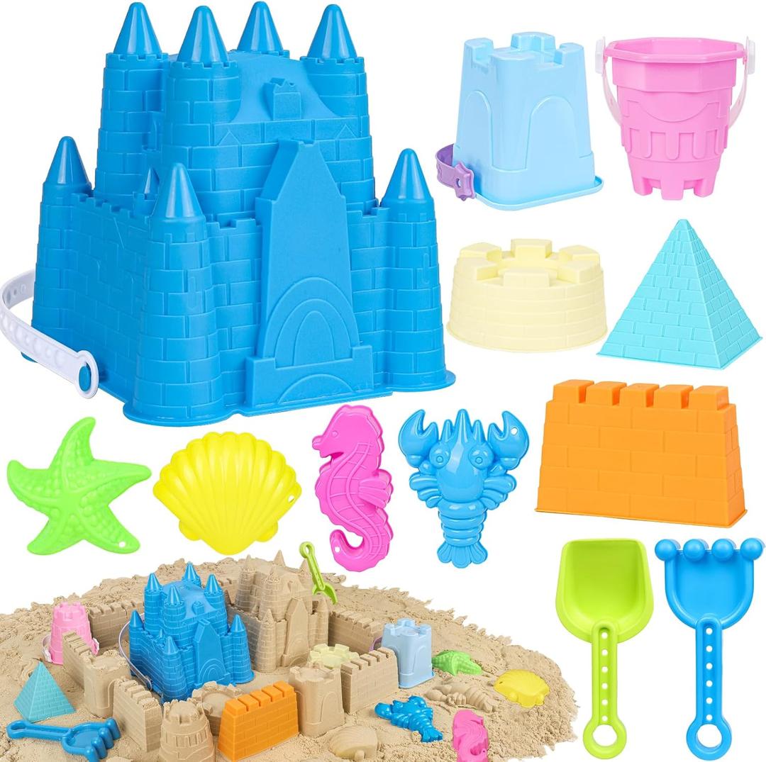 FUSPWEAO Beach Toys Sand Toys for Kids, Sand Castle Toys with Castle Bucket, Sand Molds, Shovel and Rake, Sandbox Toy for Toddlers 1-3 4 5 6 7 8 9 10 12, Beach Summer Accessories for Kids