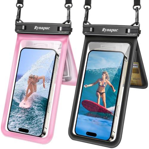 Rynapac Waterproof Phone Pouch, [Up to 8.5''] Double Space Waterproof Phone Case with Lanyard for iPhone 17 16 15 Pro Max Galaxy S25 Ultra, Cellphone Dry Bag for Beach Vacation, 2 Pack (Black & Pink)