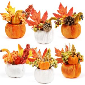Songjum 6Pcs Artificial Velvet Pumpkins with Maple Pinecone and Berry Foam Fabric Orange Pumpkins Fall Decor Thanksgiving Pumpkin Centerpiece Decorations for Thanksgiving Harvest Party Home Tabletop