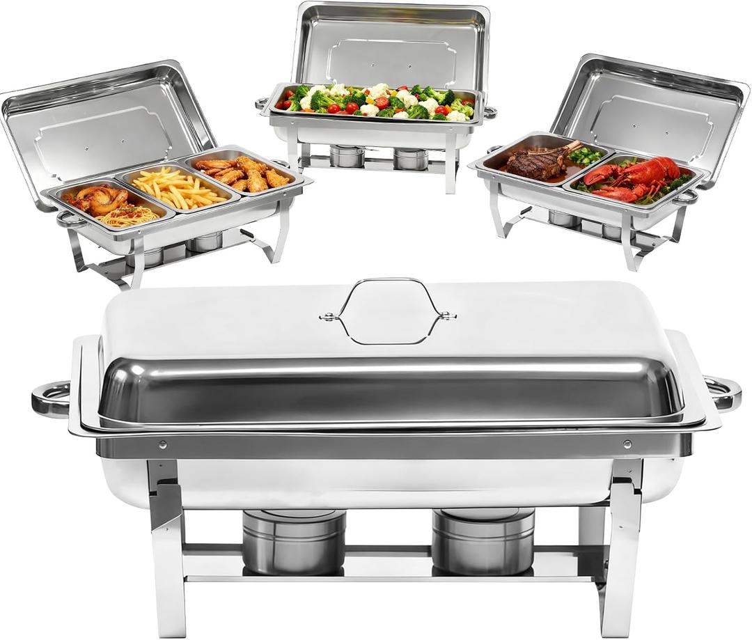 9Qt Chafing Dishes for Buffet, 4 Pack Silver 304 Stainless Steel Chafing Dish Sets, Food Warmers for Parties, Complete Buffet Servers and Warmers with Multiple Size Pans to Keep Food Warm