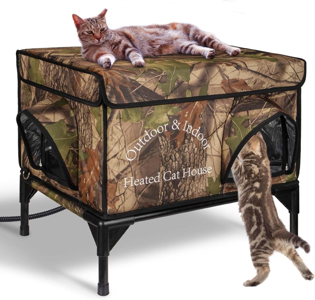 Heated Cat House for Outside, Upgrade Insulated & Weatherproof Heated Outdoor Cat House in Winter, Elevated Outdoor Feral Cat Shelter with Heating Pad for Stray Barn Cat (22" L x 16.5" W x 18" H)