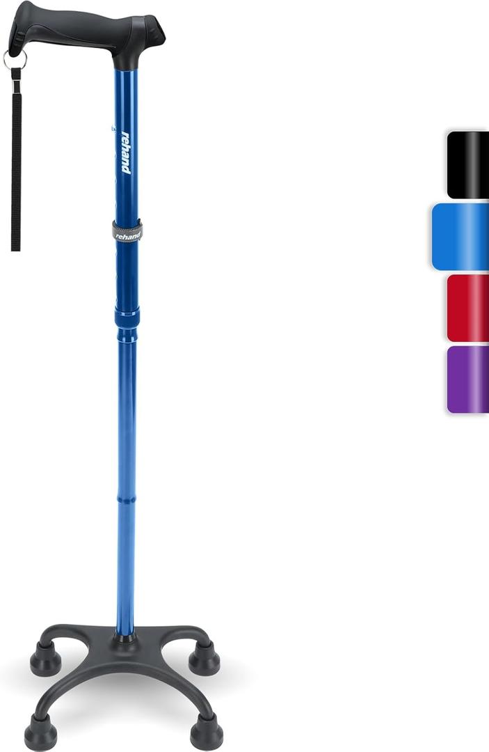 Rehand Quad Cane, Walking Cane with Ergonomic Handle Ever and Graceful 4-Pronged Base for Extra Stability, Adjustable Walking Sticks for Right or Left Handed Men & Women and Seniors (Blue)
