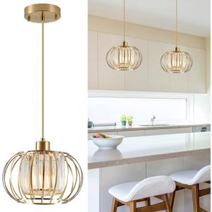 Gold Pendant Light Fixture, Modern Crystal Pendant Lights Kitchen Island, 1-Light Farmhouse Mini Chandelier, Adjustable Brass Hanging Light Fixture for Hallway, Bedroom, Dining Room