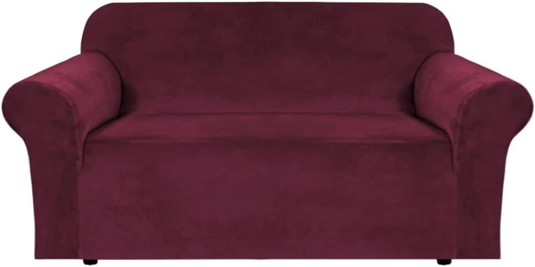 H.VERSAILTEX Stretch Velvet Loveseat Covers for 2 Cushion Couch Covers for Living Room Sofa Covers Slipcovers with Non Slip Straps Bottom, Ultra Thick Comfy Velour (Width 58"-72", Burgundy)