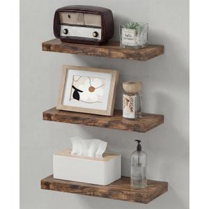 Easy Install Floating Shelves, 15.7 Inch Wall Mounted Wooden Shelf, Small Hanging Shelf for Home Decor, Books and Storage, Organizer for Bedroom, Bathroom, Kitchen, Set of 3, Vintage Brown