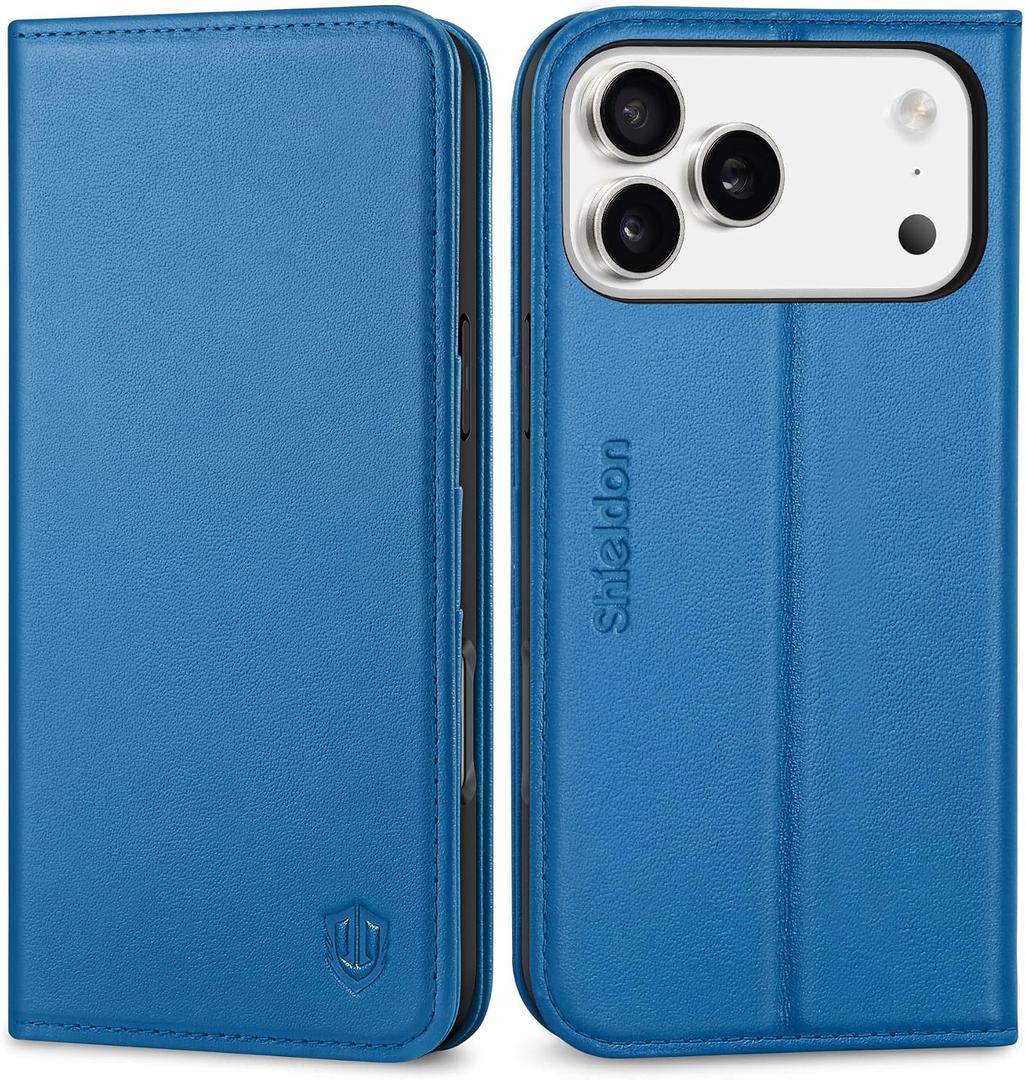 SHIELDON Case Wallet for iPhone 17 Pro Max 6.9-inch 2025 | Genuine Leather, Magnetic Closure, RFID Blocking Credit Card Slot, Kickstand, Foldable Full Protective Cover - Sapphire Blue