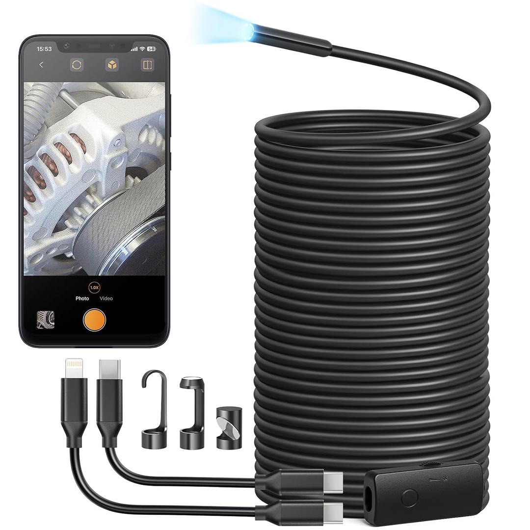Anykit Endoscope Camera with Light, 1920P HD Borescope with 8 Adjustable LED Lights, Semi-Rigid Snake Camera with Light, IP67 Waterproof Inspection Cam for iPhone & Android, 50 ft Single Lens