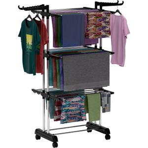 Foldable Cloth Drying Stand Stainless Steel–3 Tier Heavy-Duty Clothes Dryer for Balcony, Indoor & Outdoor Use | with Wheels & Hanger Slots | Rust-Proof Laundry Rack(Black Stand)