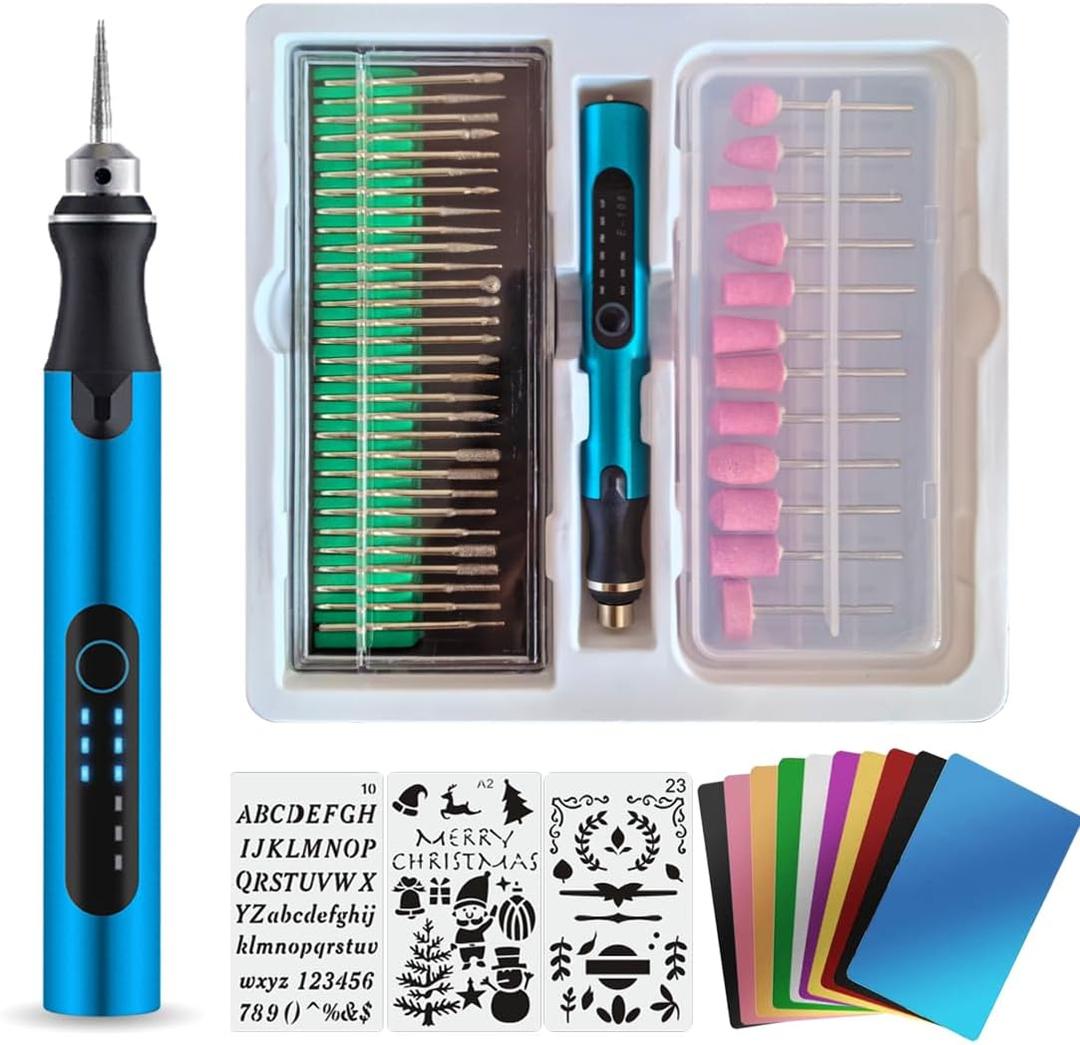 USB Engraving Pen with 47 bits,10Metal Business Card Blanks,Electric Engraver Machine Cordless Engraving Tools Engraved Jewelry Metal Resin Plastic Stone (blue)