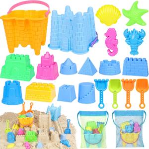 Beach Toys for Toddlers, Sand Castle Toys with 2 Sand Bucket, 2 Mesh Bag, 4 Shovels & Molds, Travel Sand Toys for Beach Sandbox Toys for Toddlers Kids Baby Boys Girls Age 3-10