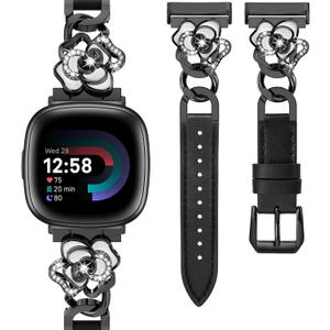 Minyee Leather Band Compatible with Fitbit Versa 4/ 3/ Fitbit Sense 2/ 1 Watch Bands Women, Dressy Slim Elegant Leather Metal Chain Strap with Bling Camellia Charms for Versa 3 4 Sense Smartwatch, Black