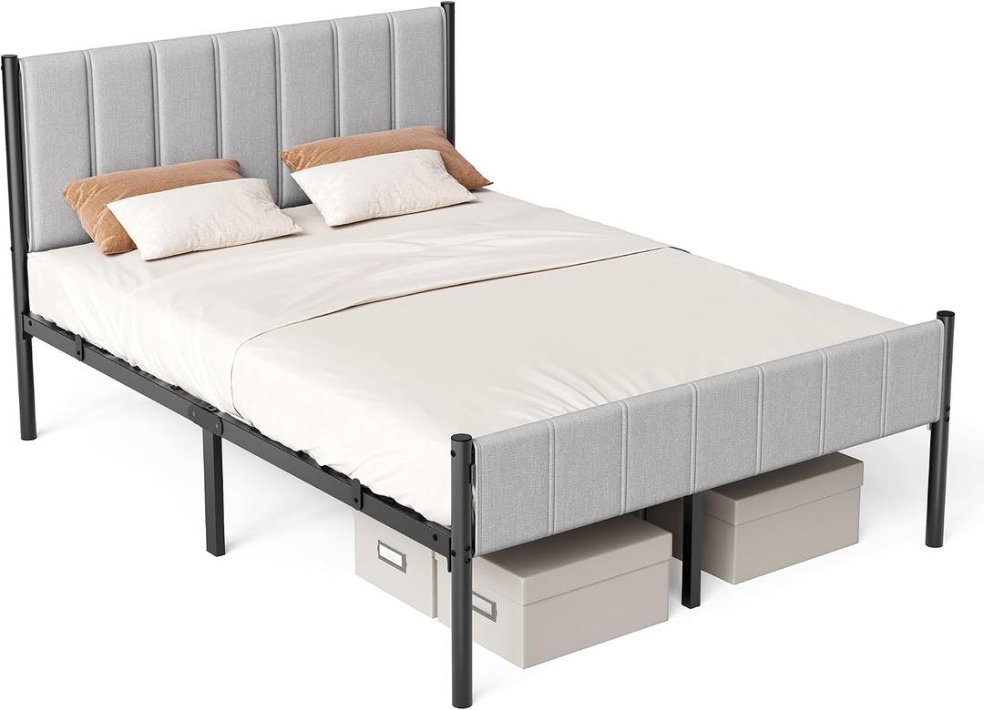 VASAGLE Full Bed Frame with Upholstered Headboard, Metal Bed Frame Full Size with Footboard, 1100 lb Weight Capacity, Steel Slats, Easy Assembly, No Box Spring Needed, Dove Gray URMB982G01V1