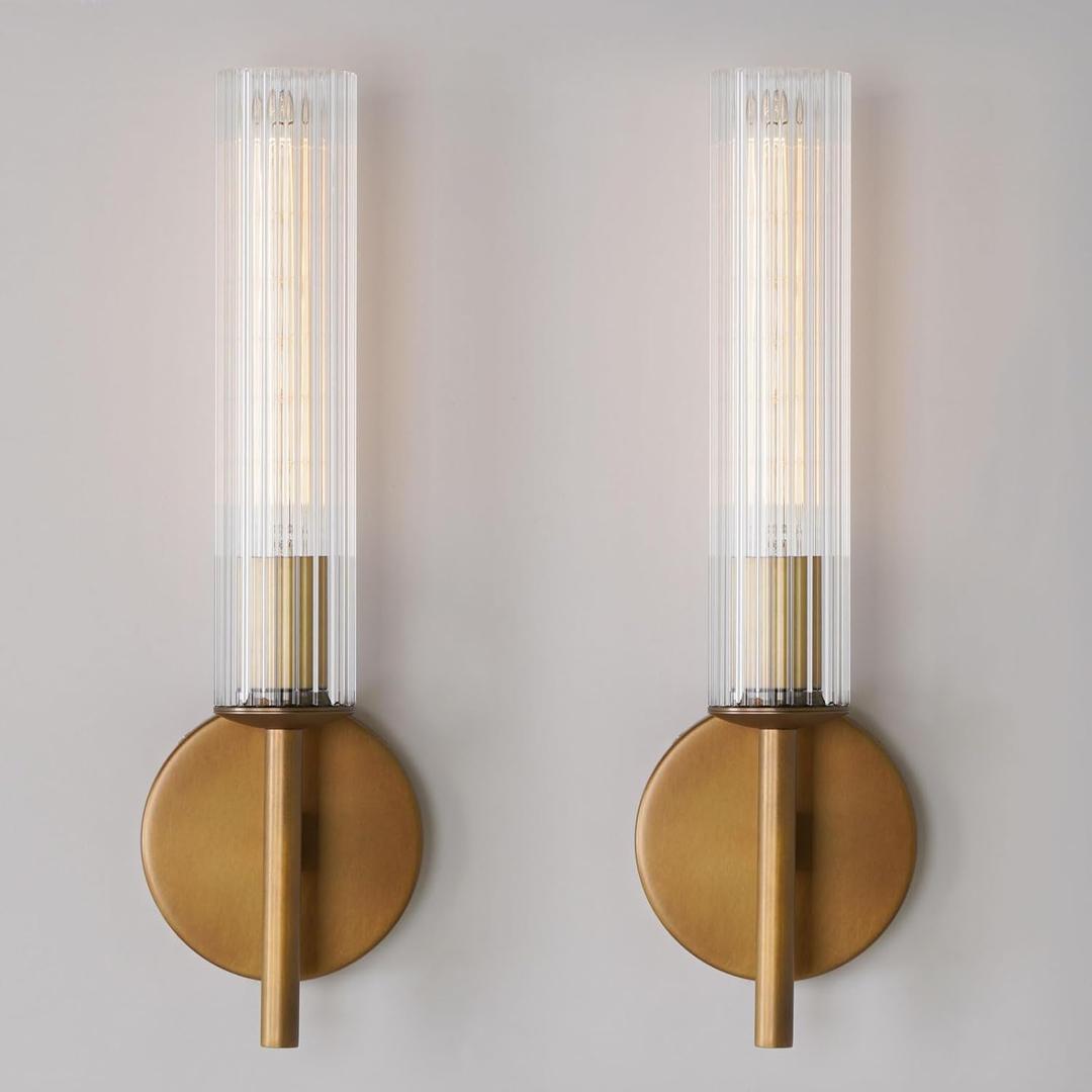 Brass Wall Sconces Set of Two, Clear Ribbed Glass Tube Sconces, Gold Bathroom Sconce, Bathroom Sconces Set of 2, vintage vanity Mirror Wall Lights, Wall Lights for Living Room Bedroom Hallway Stairs (Single-head, Copper color)