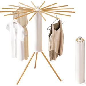 Foldable Tripod Clothes Drying Rack,Beechwood & Portable Laundry Stand, Space-Saving Collapsible Hanger with 16 Arms for Indoor & Outdoor Drying Easy Setup, Stable Base, Fast Air-Drying Design, Tripod-16 Wooden poles