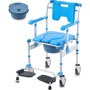 Shower Chair with Wheels Folding Armrests Can Be Upturned Rolling Shower Wheelchair Bedside Commode Chair Toilet with Detachable Bucket for Seniors and Disabled, Weight Capacity 330lbs (Blue)