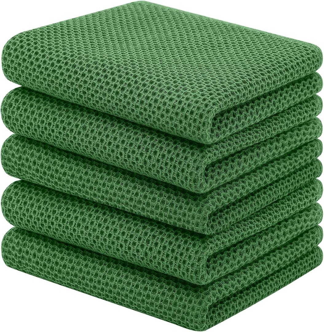 Homaxy 100% Cotton Waffle Weave Kitchen Towels, 5-Pack Ultra Soft Absorbent Dish Towels, Quick Drying Cleaning Towels, 13 x 28 Inches, Grass Green