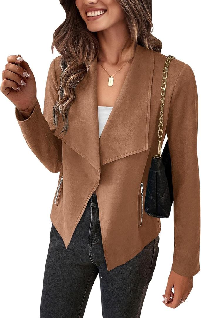 PRETTYGARDEN Women's Faux Suede Jackets 2026 Fashion Fall Clothes Long Sleeve Open Front Cropped Coat Outwear (Camel), Small