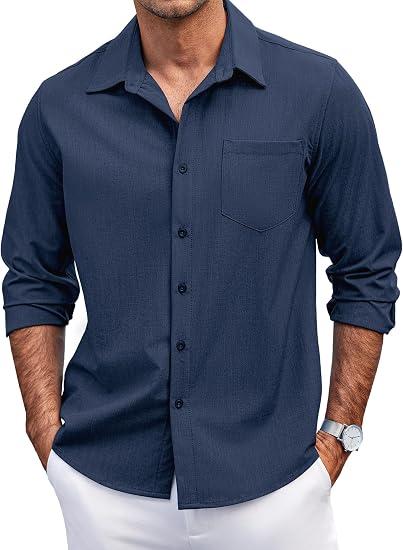 COOFANDY Men's Casual Button Down Shirts Long Sleeve Untucked Shirts Regular Fit Linen Shirt, XXL, Navy Blue