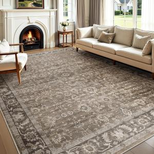 WITSHOCK Washable Area Rug 8x10 Non-Slip Floral Dining Carpet, Dark Brown