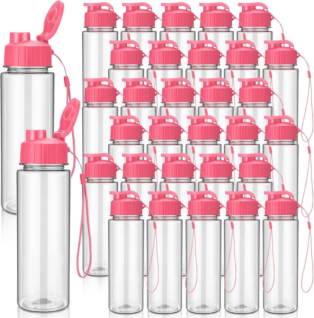 Maxcheck 30 Pieces Water Bottle Bulk 17 oz Plastic Sports Water Bottles Bulk with Handle Strap Lightweight Leakproof Drink Flip Top for Adults Fit Gym(Classic Style,Pink)