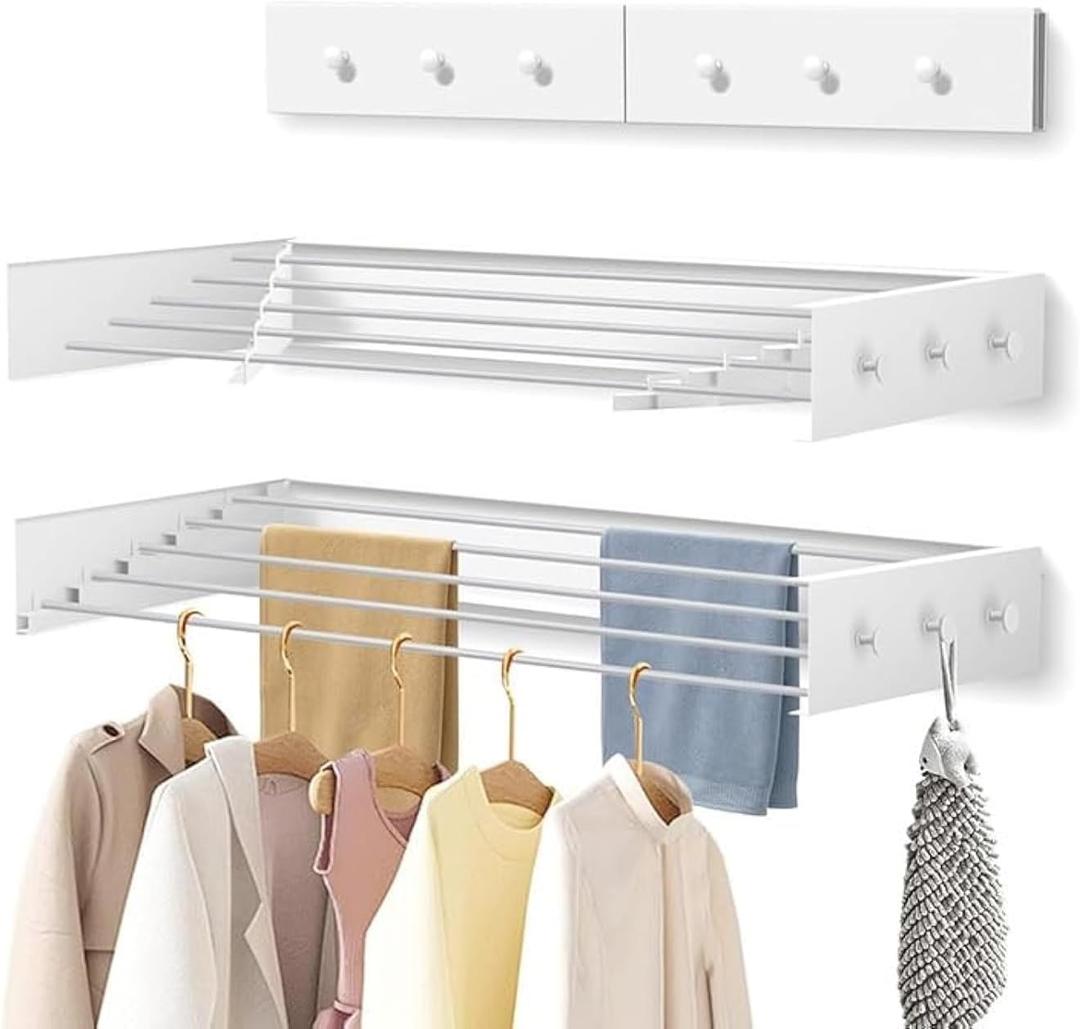 Upgrade Rack Collapsible, Wall Mounted Drying Rack, Clothes Drying Rack, Retractable Drying Rack, 31.5" Wide, 13.2 Linear Ft, 5 Aluminum Rods (White 31.5" with 5 Hooks)