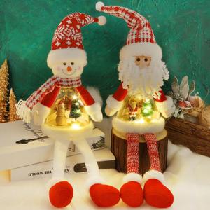 Juegoal 2 Pack Lighted Christmas Santa & Snowman with Dangling Legs, 24" Handmade Figurines with Miniature Xmas Scenes in Belly, Battery Operated Tabletop Dinner Party Ornaments