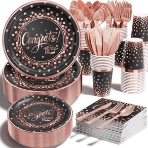 2026 Graduation Party Decoration - 350 PCS Black Pink Rose Gold Grad Supplies Disposable Dinnerware (Severs 50) w/Paper Plates Napkin Cup Plastic Cutlery for College High School Class of 2026