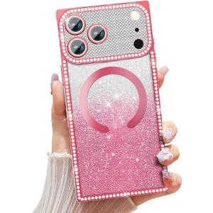 Misscase Magnetic Glitter Case for iPhone 17 Pro Max 6.9 Inch, Camera Protection, Compatible with MagSafe, Rectangle Cute Bling Sparkle Diamond Colorful Phone Cover, Drop-Tested & Shockproof-Hot Pink