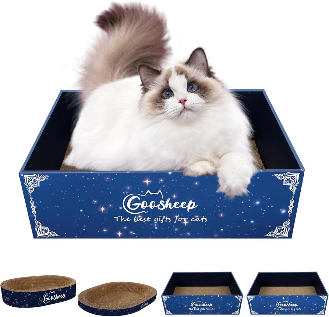 Goosheep 4-in-1 Cat Scratcher and Bed, 2 Scratching Pads & 2 Oval Loungers for Indoor Cats, Multi-Cat Household Cardboard Scratcher Furniture with Cat Bed Design to Save Your Couch