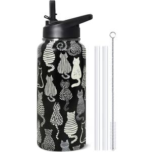 32oz Black Cat Insulated Aater Water Bottle with Straw,Cat Gym Hiking Sports Coffee Mug Cup Water Bottles,Penguin Gifts for Women,Cat Decor Stuff Accessories