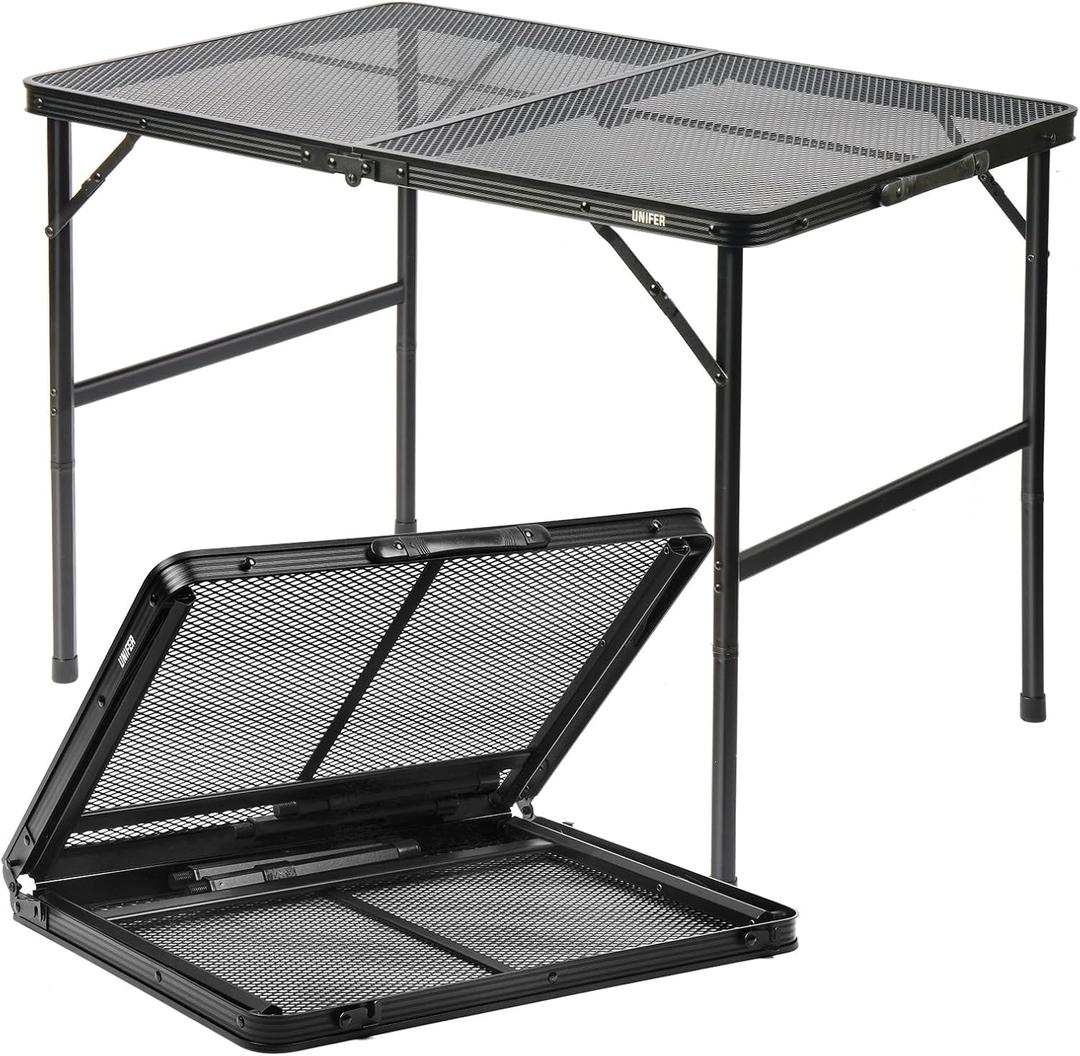 Folding Grill Table: 3x2 Ft Portable Camping Table, Lightweight Height Adjustable Metal Table with Mesh Desktop and Carrying Handle,Portable Grill Table for Camping, Picnic, Beach and BBQ, 35.4"D x 23.6"W x 26"H