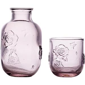 LCORMAG Pink Rose Flower Vintage Bedside Water Carafe and Glass Set, 15 oz Clear Glass Water Carafe with Tumbler for Bedroom Nightstand, Fruit Juice Milk Carafes, Mouthwash Decanter for Bathroom