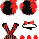 Halloween Clown Costume Accessories Set Gloves Balloons Clown Red Black Hair Clip on Puff Buns Pompoms Face Stickers Halloween Party Cosplay Women Adults