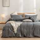 BESTOUCH Duvet Cover Set 100% Washed Cotton Linen Feel Super Soft Comfortable Chic Lightweight 3 PCs Home Bedding Set Solid Dark Grey Queen (Queen (90" x 90"))