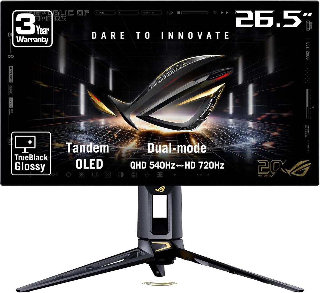 ASUS ROG PG27AQWP-G 27 Inch 20th Edition OLED Gaming Monitor, 26.5-inch, QHD, WOLED, Dual-Mode (QHD@540Hz, HD@720Hz), 0.02ms, 99.5% DCI-P3 Gamut, TrueBlack Glossy