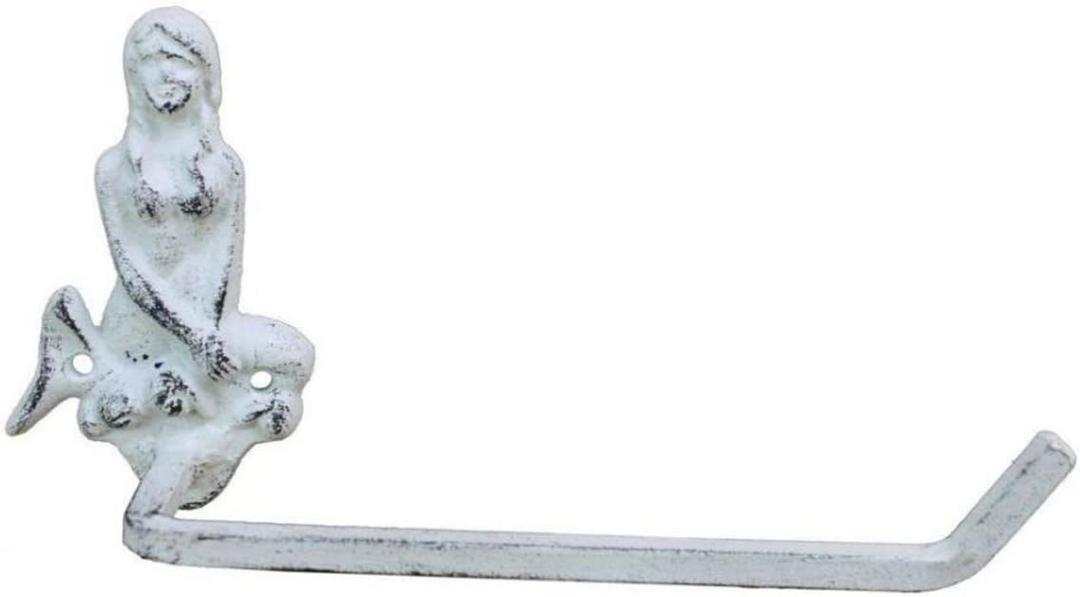 Hampton Nautical K-9212-w Whitewashed Cast Iron Mermaid Toilet Paper Holder 10" - Beach Bathroom Decoration - Beach Home Decorating