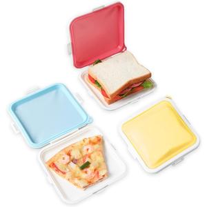 3 Pack Sandwich Containers,3 Color Silicone Sandwich Storage with Snap-Off,Sandwich Box for Lunch,BPA Free,Leakproof, Reusable Plastic Sandwich Holder for Fruit,Salad,Snacks and Food Storage