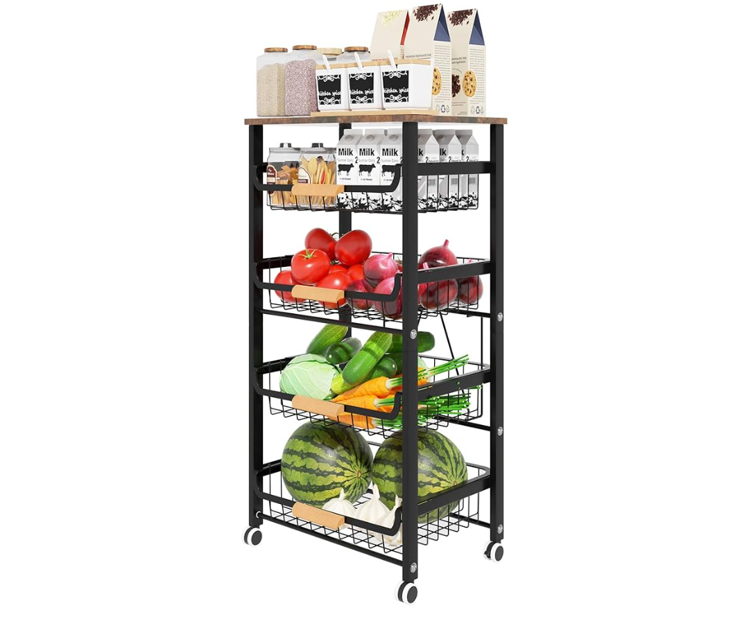 Fruit Vegetable Basket for Kitchen,5 Tier Pantry Organizer with Wheels,Snack cart with Wood Top,Metal Wire Storage Basket Organizer Baskets for Kitchen, Pantry, Bathroom
