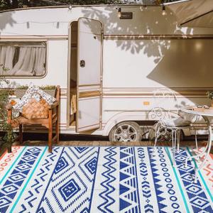 Outdoor Rugs Patio Camping Waterproof - 8x10 Plastic Straw Patio Rug Portable for Campers, Outside RVs Mat, Outdoor Area Carpet for Patios Clearance, Backyard Porch, Balcony, Picnic (Blue Red)